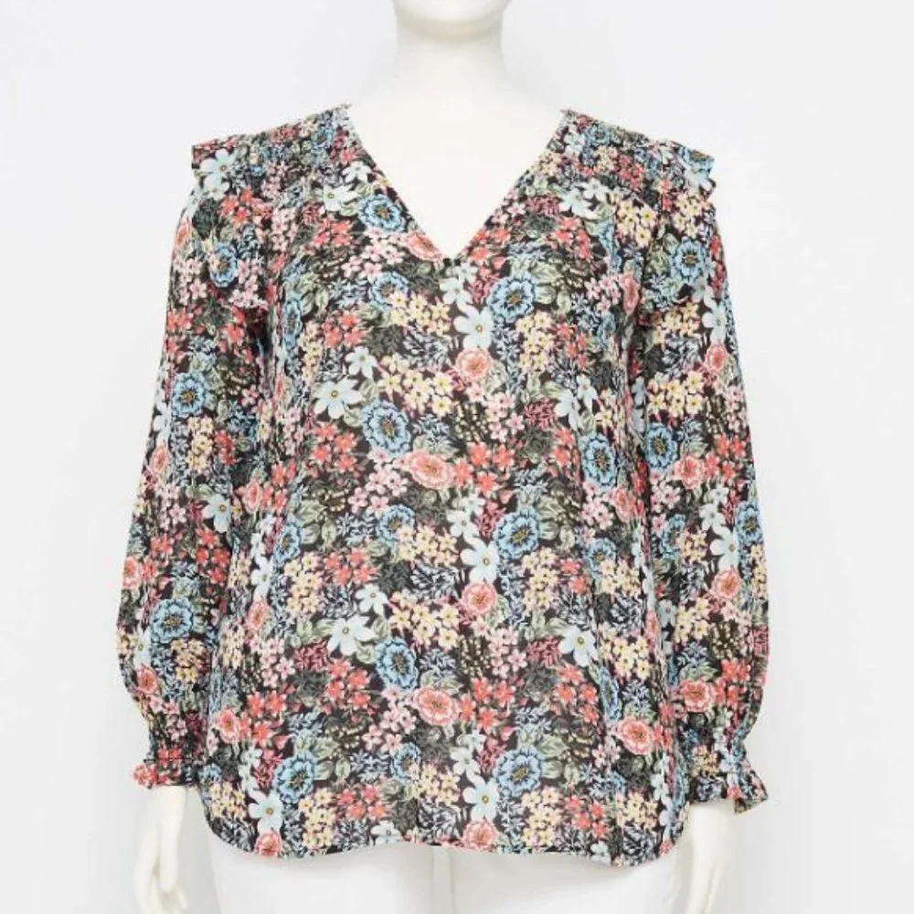 Ann Taylor LOFT Bouquet Floral Smocked Shoulder V-Neck Blouse - Picture 5 of 8